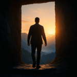 Silhouetted man stepping from a dark stone doorway into sunrise over misty mountains—crossing from shadow to light