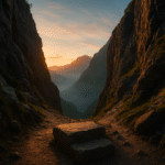 Overcoming life’s obstacles—hewn stone step at dawn in a narrow mountain pass